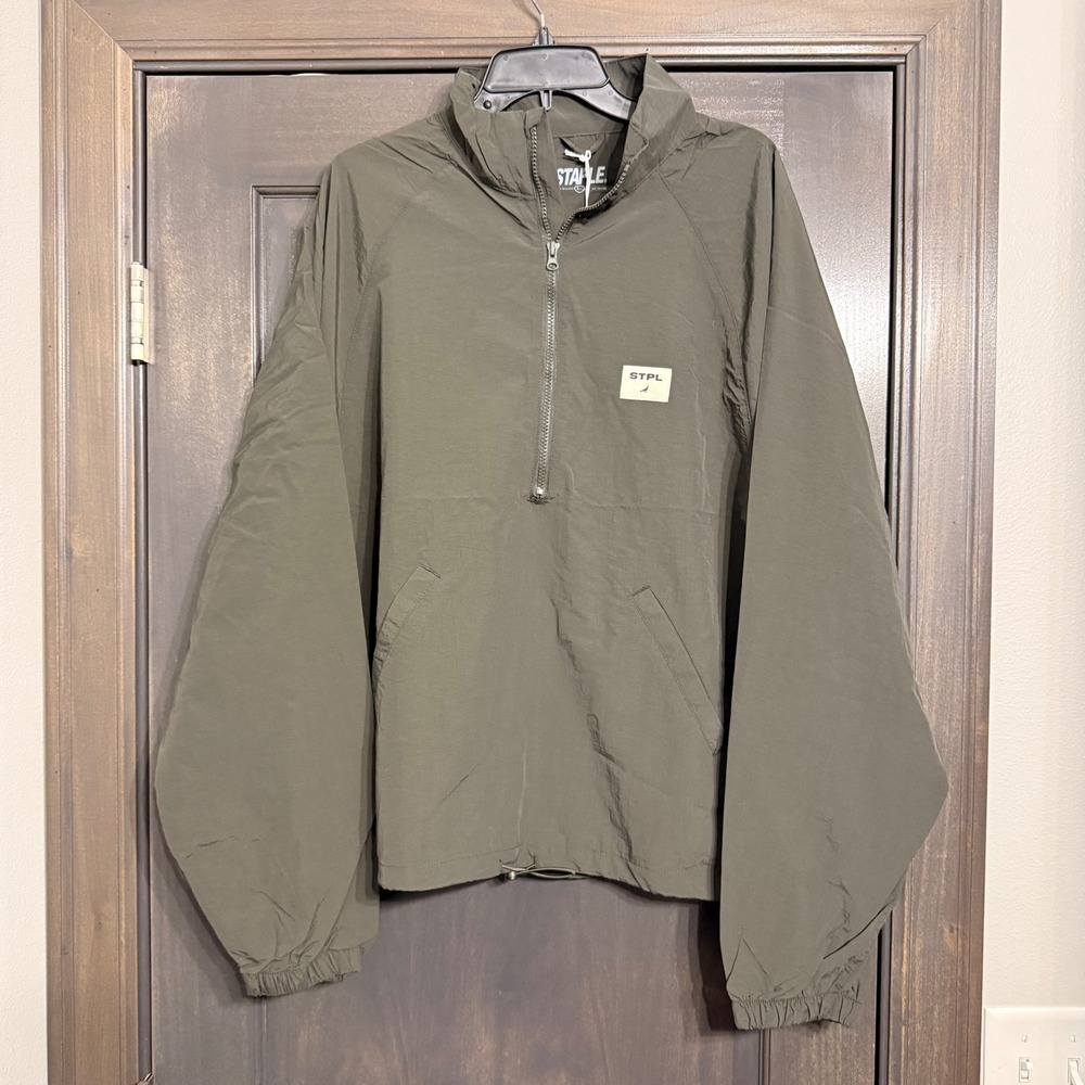 Staple Pigeon Mens Nylon Quarter Zip Windbreaker Jacket Olive Green Large NEW